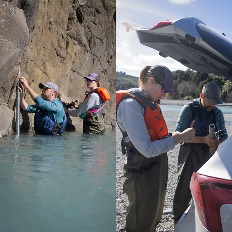 A two-photo collage: Two researchers standing behind a car with the trunk open while looking down at a large rod and a measuring device, respectively. And the same two researchers standing in the water of a river near boulders while attempting to configure a measuring rod.