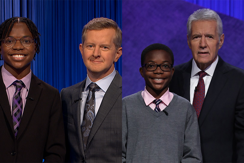 Two-photo collage of Rotimi Kukoyi on Jeopardy! in 2018 and 2023. In the 2018 photo, he is next to Alex Trebek. In the 2023 photo, he is next to Ken Jennings.